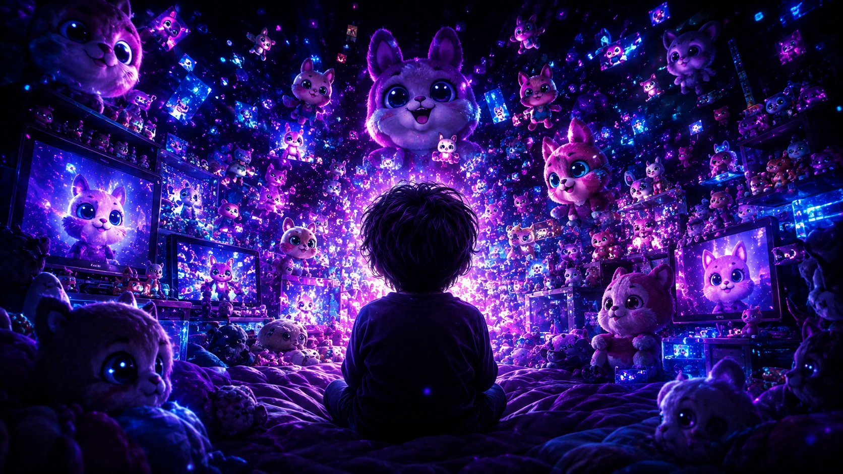 Child sitting in a dark bedroom surrounded by glowing screens, plush toys and repeated synthetic cartoon characters.