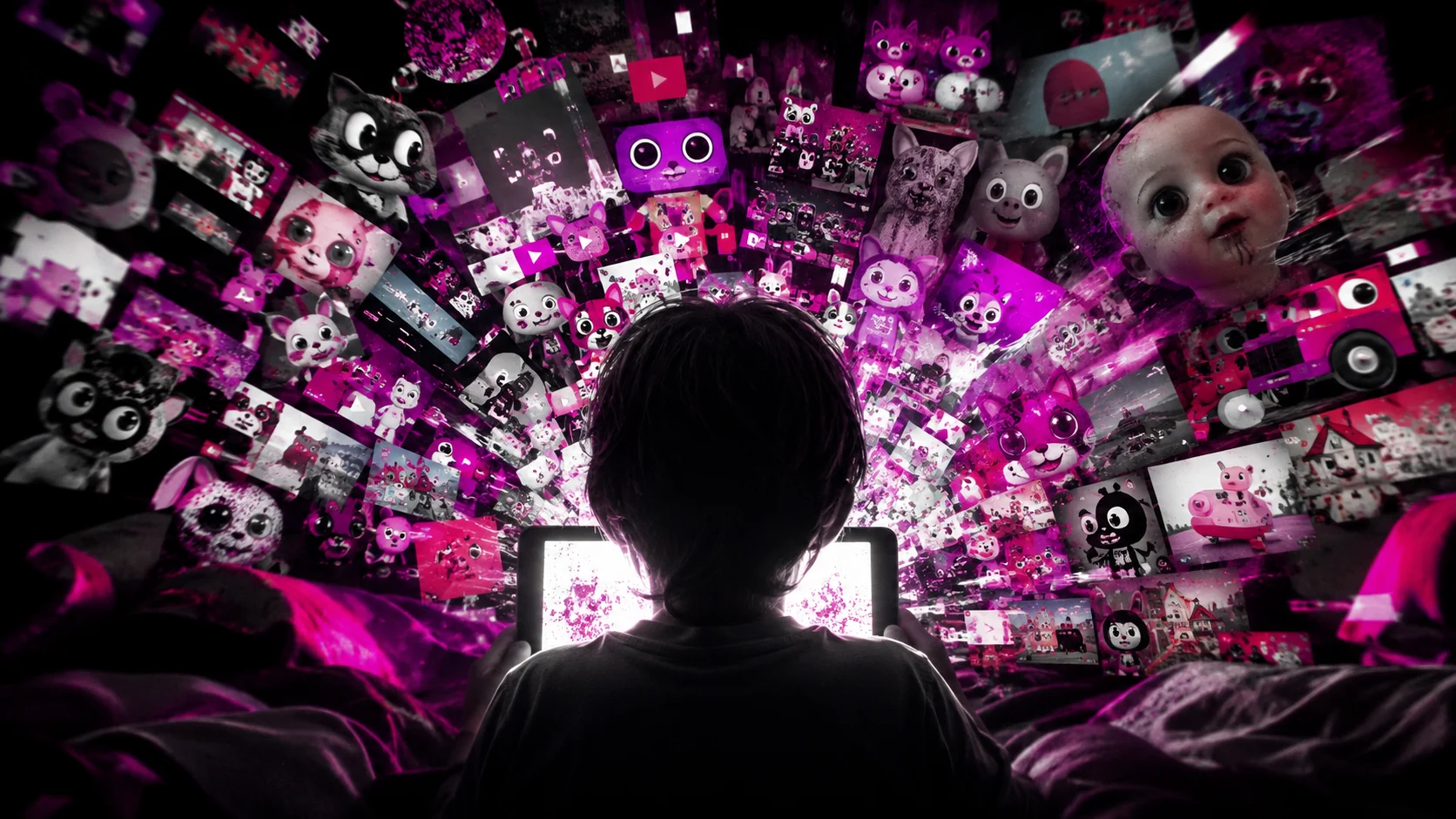 Child facing a glowing tablet as a flood of uncanny synthetic cartoon thumbnails fills the dark room.