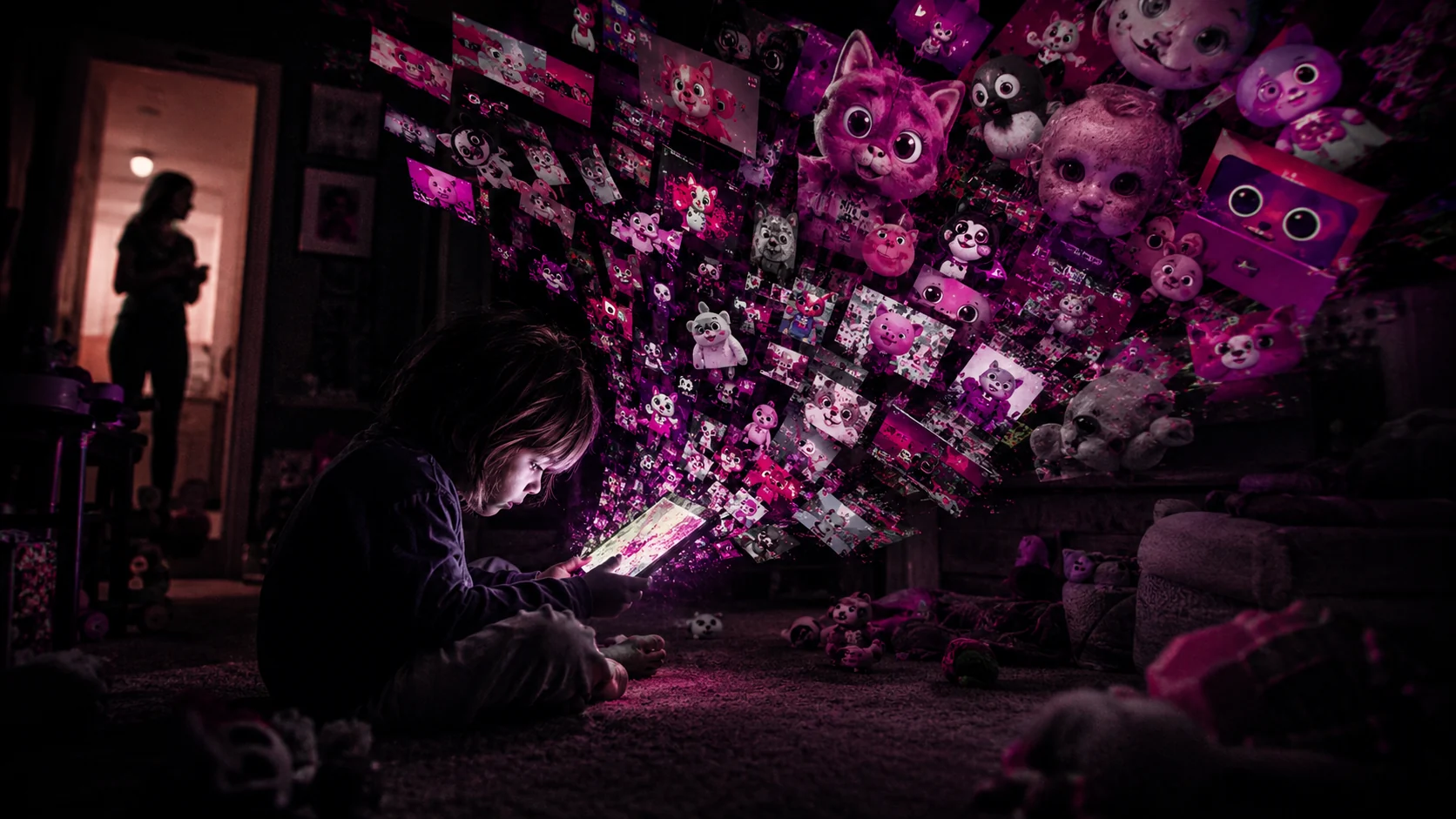 Child absorbed in a glowing tablet while synthetic cartoon images pour into the room and an adult stands in a distant doorway.